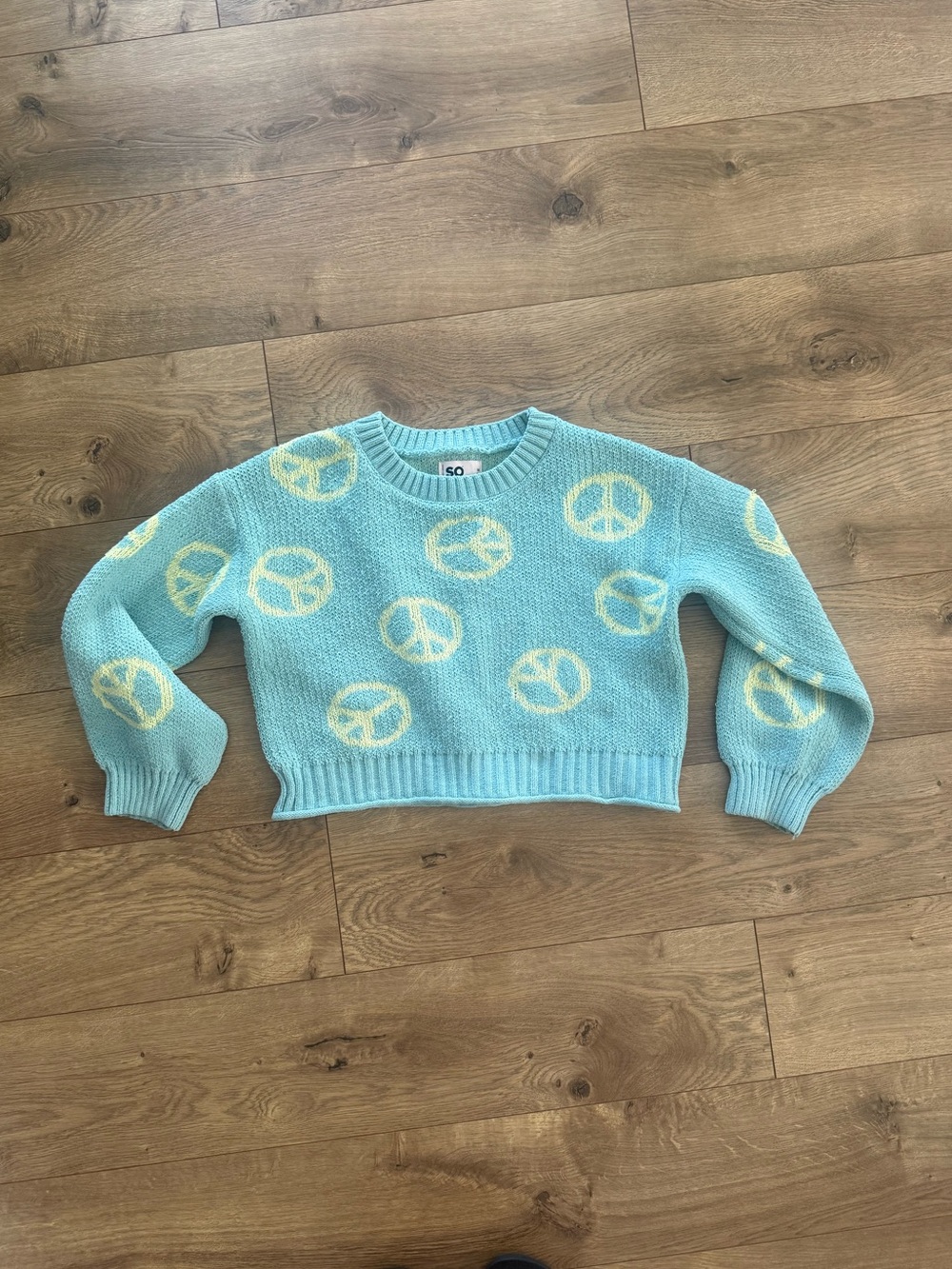 Aqua and neon peace sign crop sweater